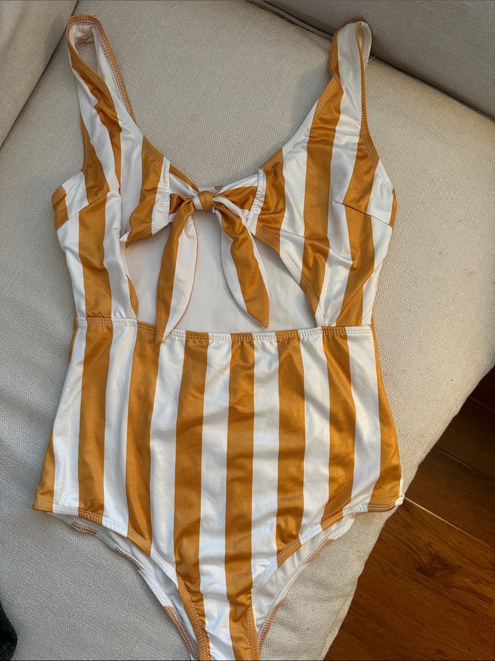 Nasty Gal White and Mustard Striped Tie-Front One-Piece Swimsuit